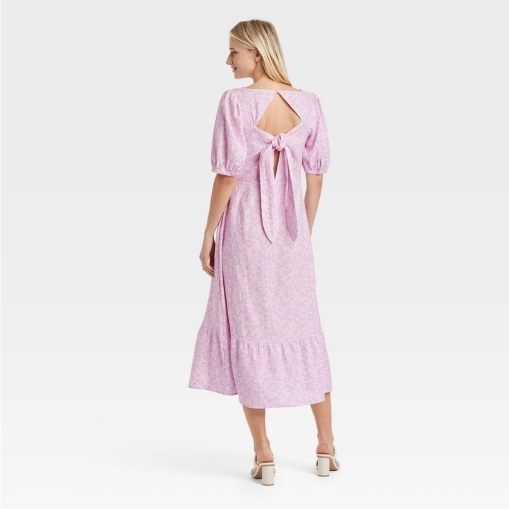 Who What Wear Floral Puff Sleeve Tie Back Midi Dress L - Picture 3 of 10